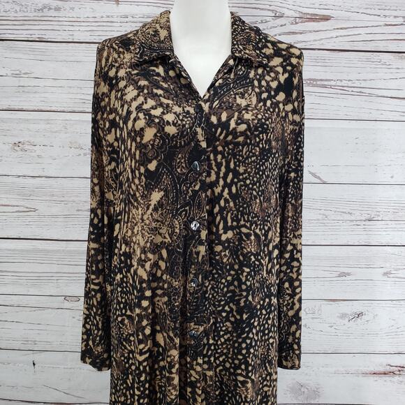 Chico's Travelers Brown Paisley Slinky Button Front Long Sleeve Dress Size 3 - Picture 4 of 13